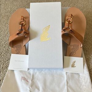 Ancient Greek Sandals Evia Tan Leather Mixed Metal Hardware sz euro 38